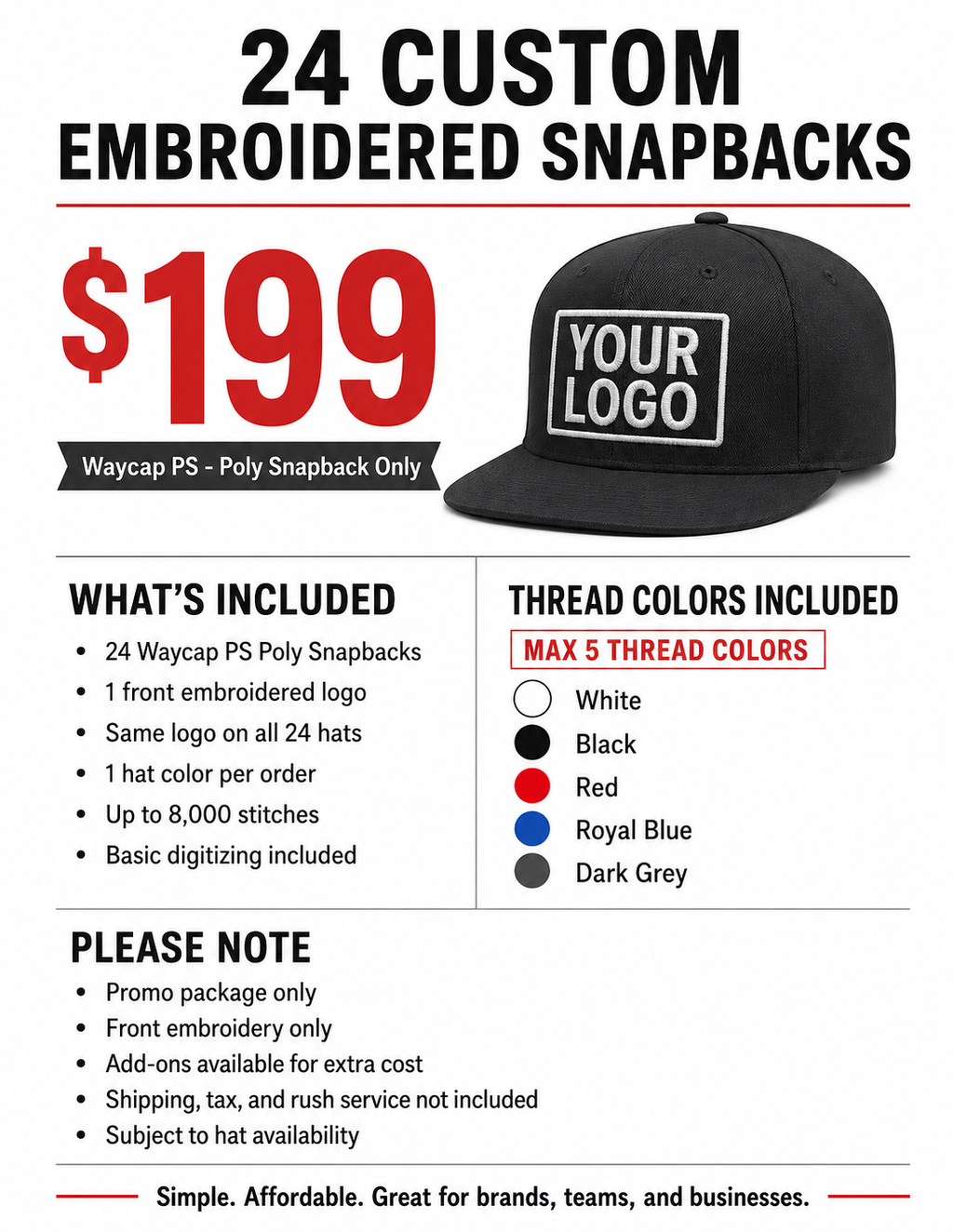24 Custom Embroidered Hats for $199