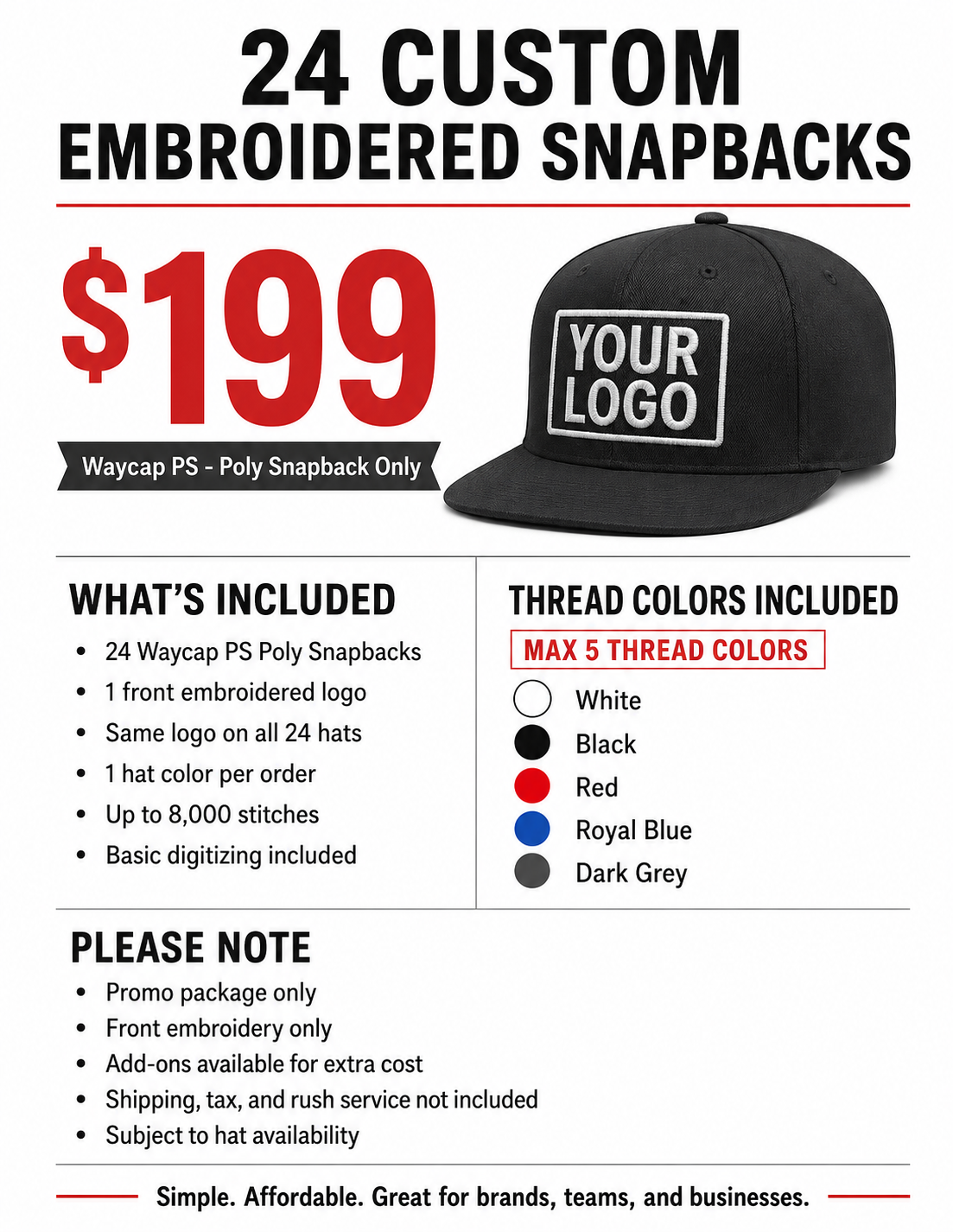 24 Custom Embroidered Hats for $199